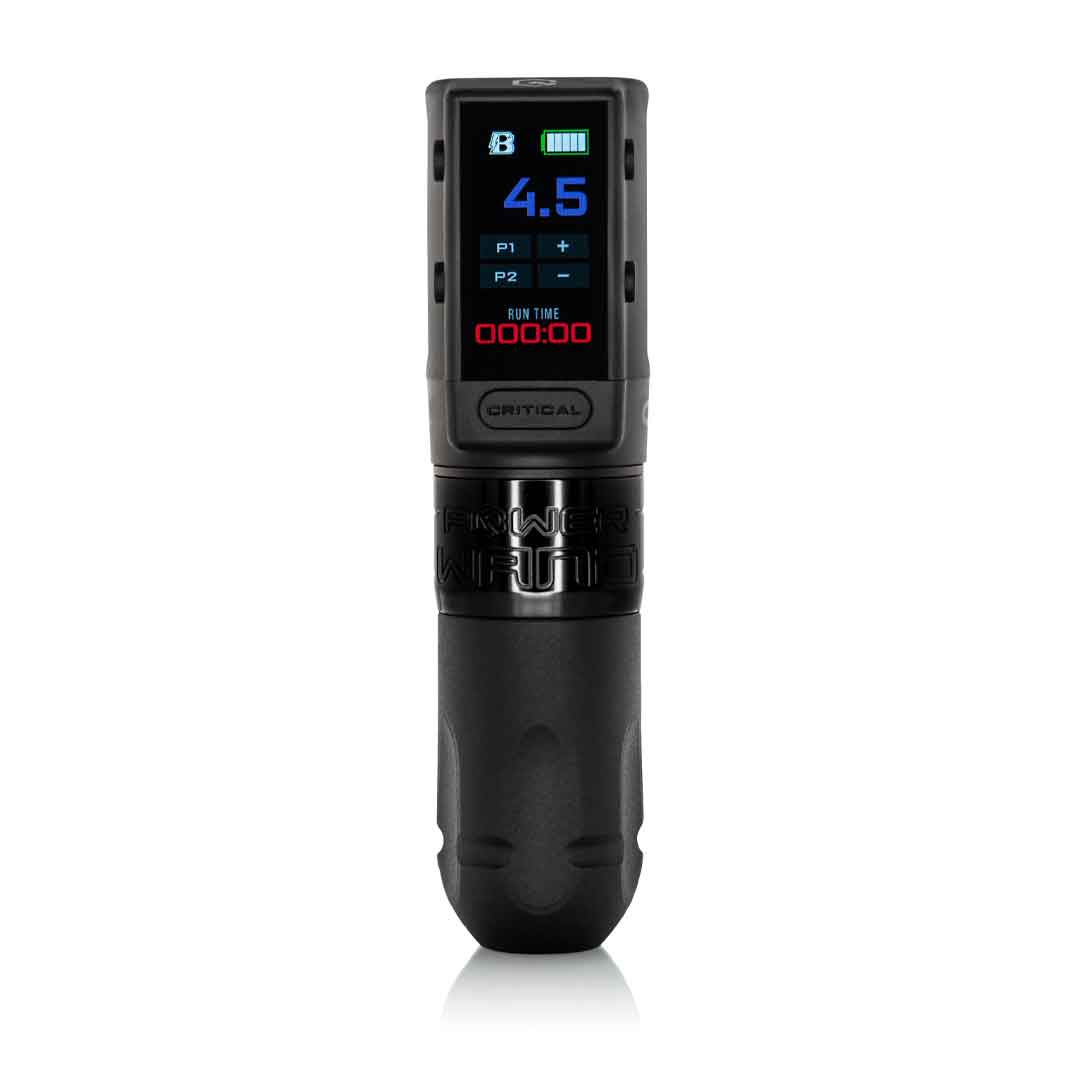 A Bishop Power Wand Advanced tattoo machine with a digital battery life readout, an black body, and black handle.