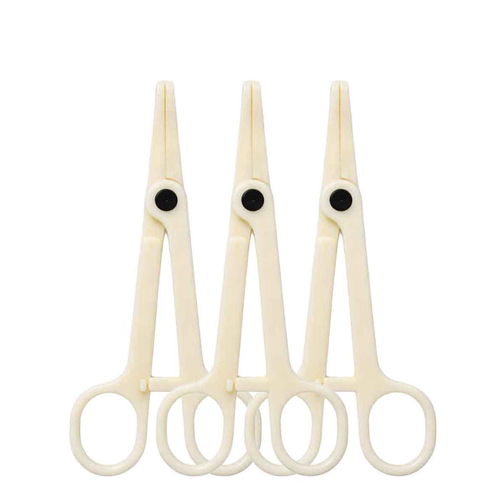Three pairs of piercing navel clamps with black handles on a white background