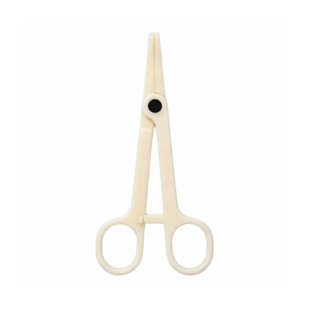 Pair of surgical forceps on a white background