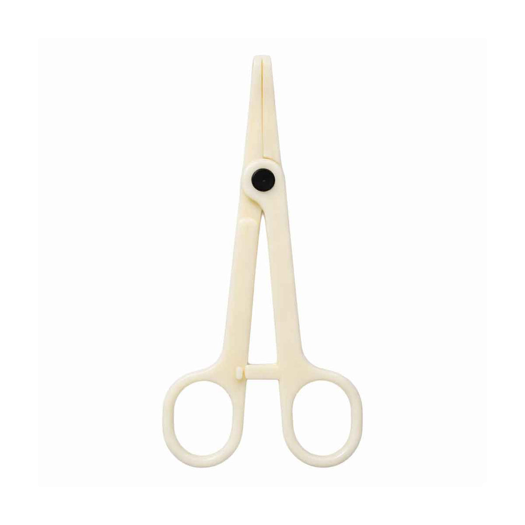 Pair of surgical forceps on a white background