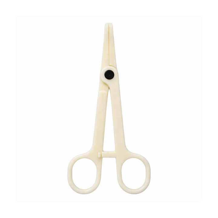 Pair of surgical forceps on a white background