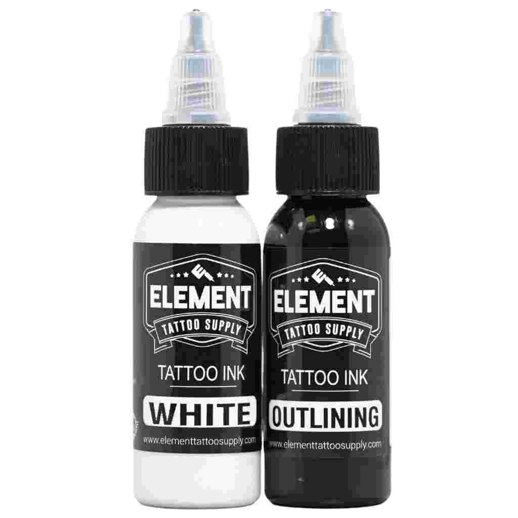 front view of white and black tattoo ink set by element tattoo supply