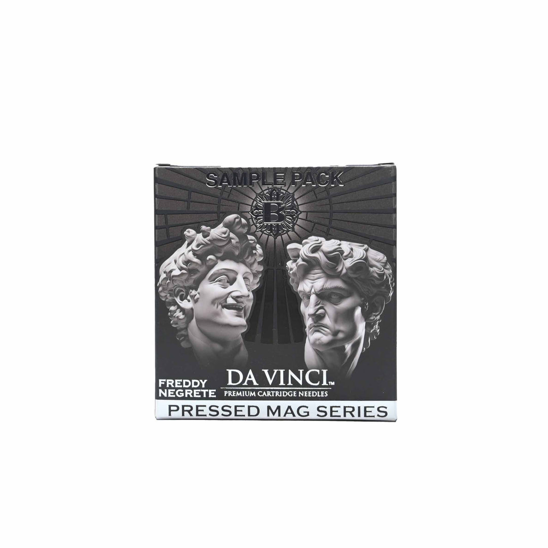 Sample pack of Da Vinci pressed mag series with classical sculpture design on a white background