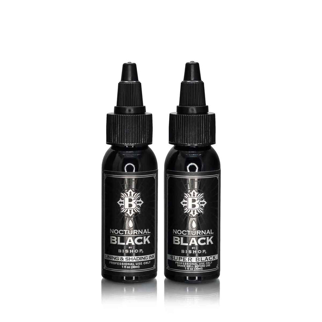 Two bottles of Nocturnal Black tattoo ink on a white background