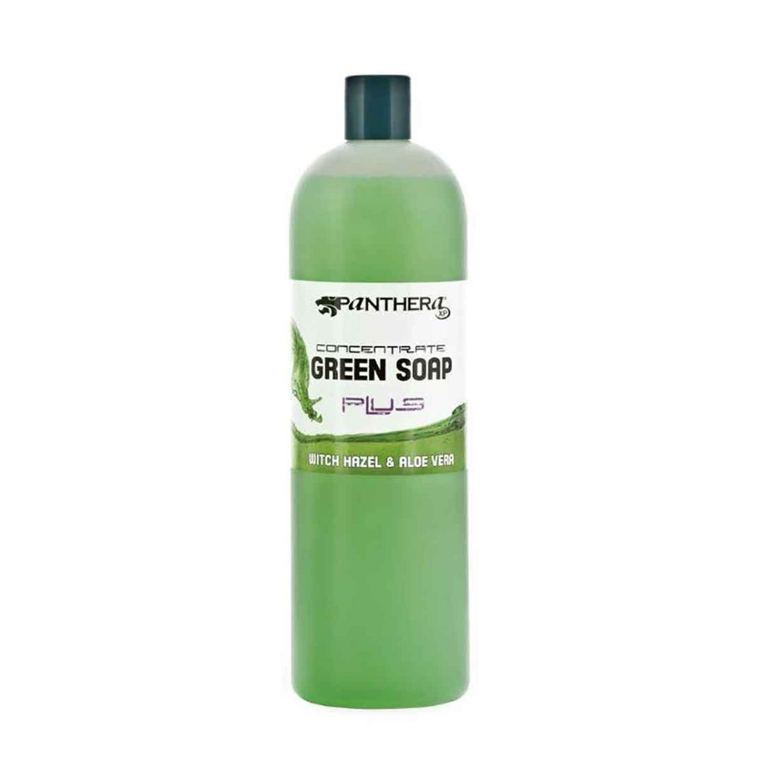 Green bottle of Panthera Green Soap Plus on a white background