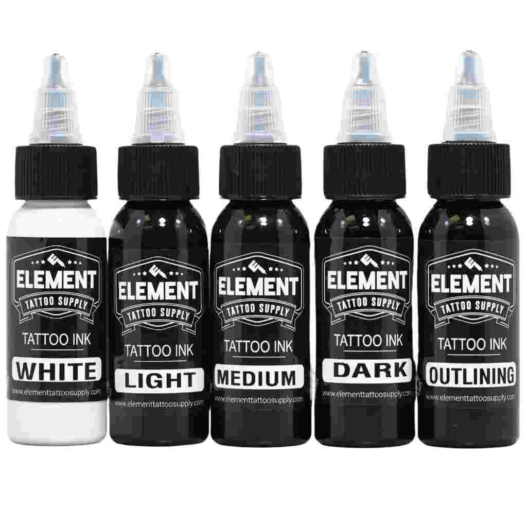 Front view of Element gray wash Tattoo Ink five shades, white and black Ink