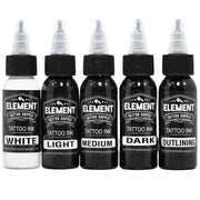 Front view of Element gray wash Tattoo Ink five shades, white and black Ink