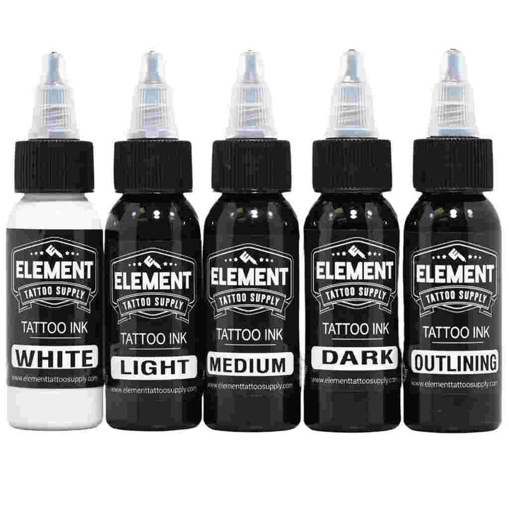 Front view of Element gray wash Tattoo Ink five shades, white and black Ink