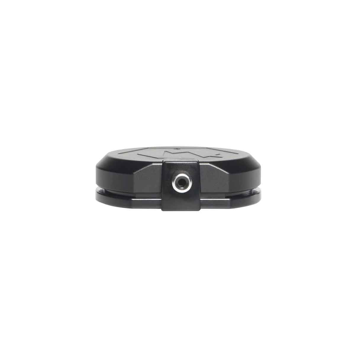 Black hexagonal camera lens cap on a white background