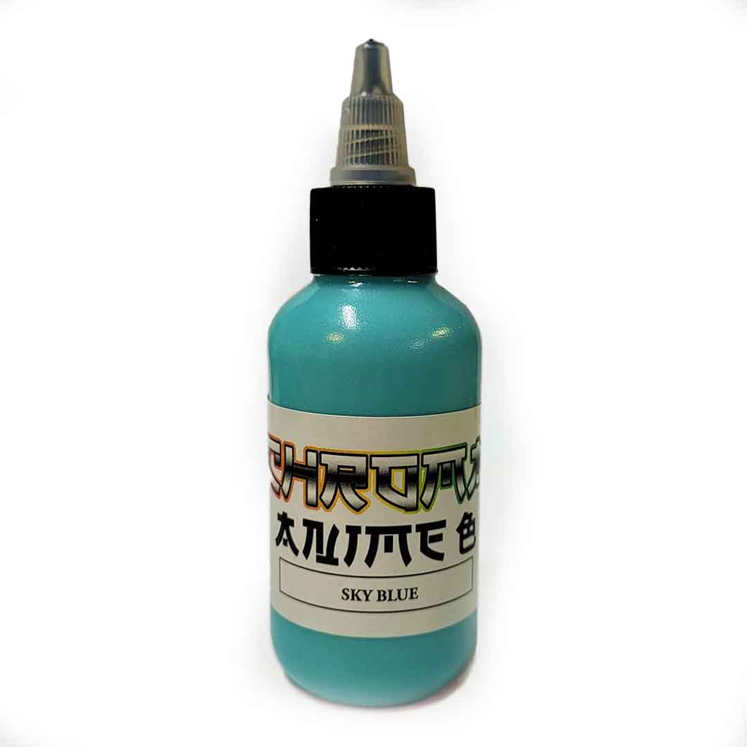 Bottle of sky blue ink with a black cap on a white background