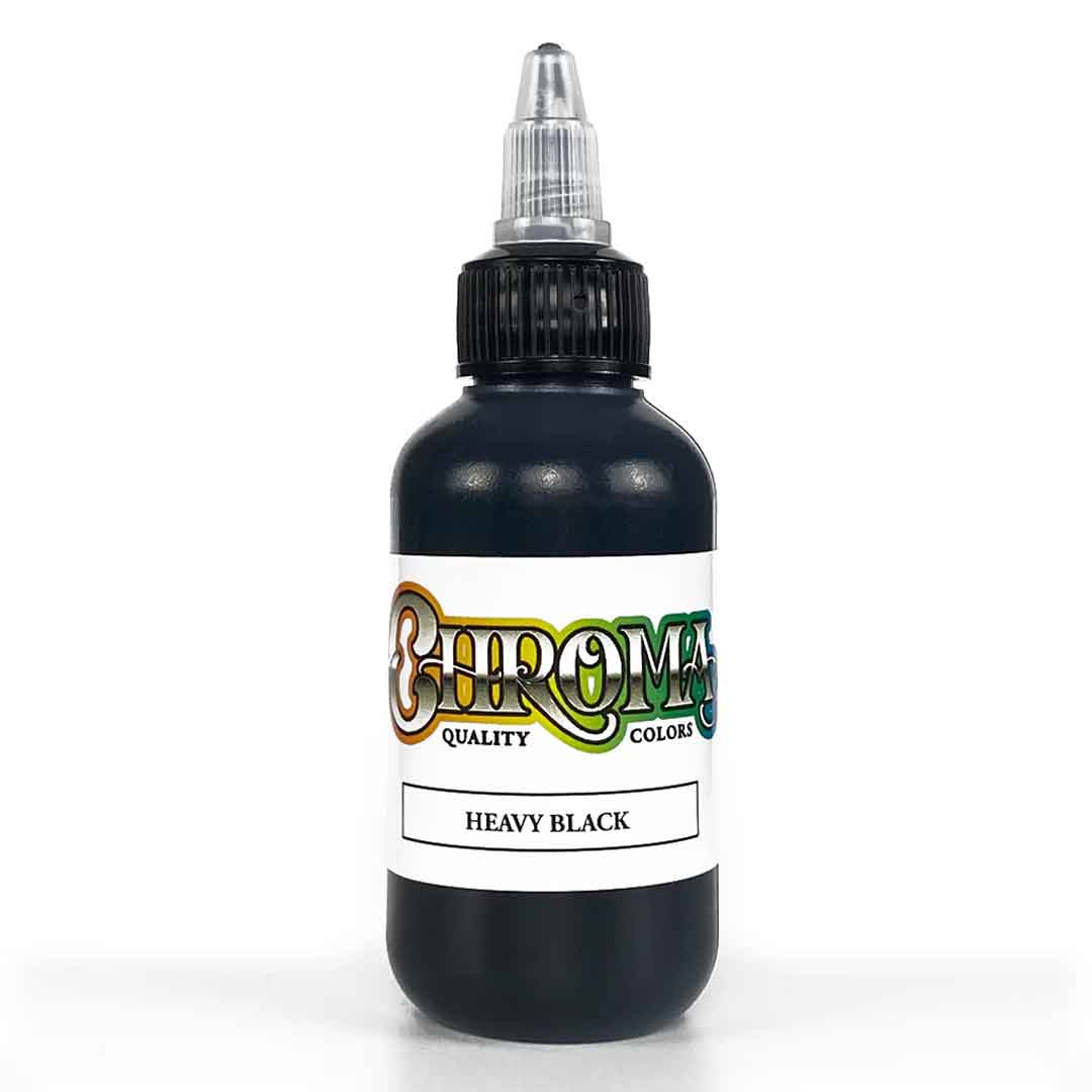 Black tattoo ink bottle with 'Chroma' label on a white background