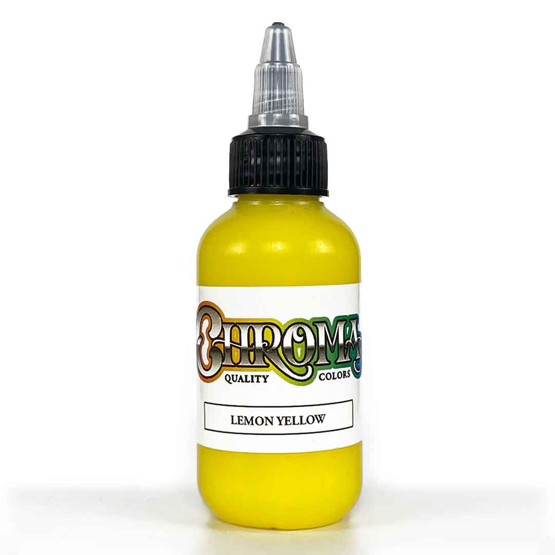 Yellow tattoo ink bottle with 'Chrome' branding on a white background