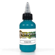 Bottle of turquoise tattoo ink with 'Chroma' branding on a white background