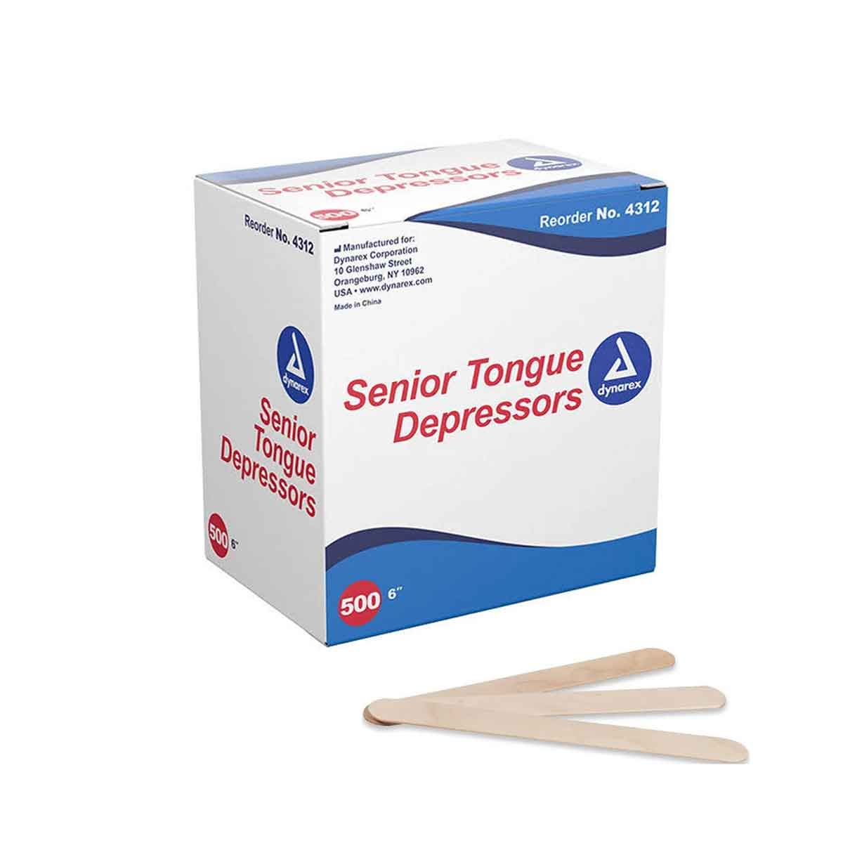 Box of Senior Tongue Depressors with two depressors in front on a white background