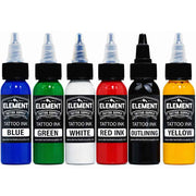 element tattoo supply tattoo ink set, blue green white red yellow outlining tattoo inks, professional color tattoo ink set, tattoo ink bottles for lining shading and color packing, tattoo artist ink set