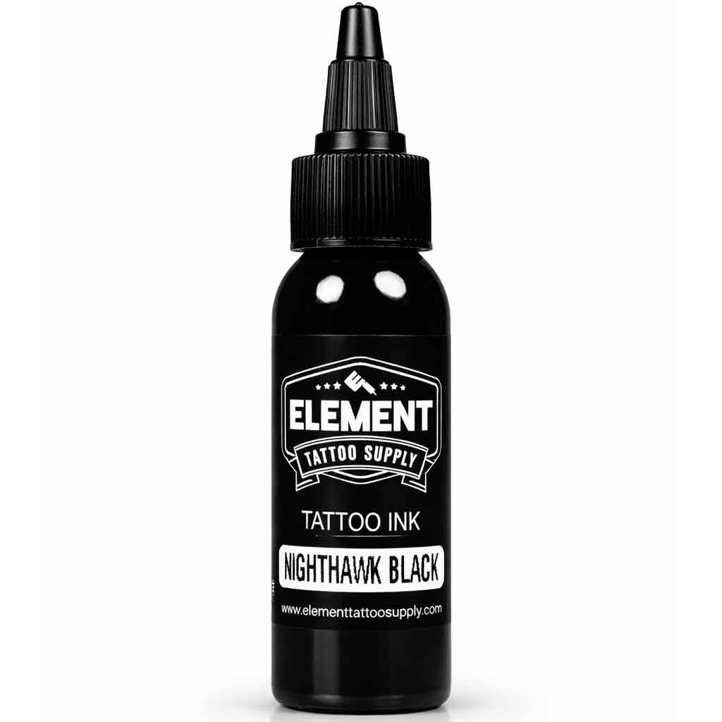 element tattoo supply nighthawk black tattoo ink bottle, professional black tattoo ink, lining and shading tattoo ink, made in usa tattoo ink, black tattoo pigment for bold lines and solid fill, tattoo artist ink bottle