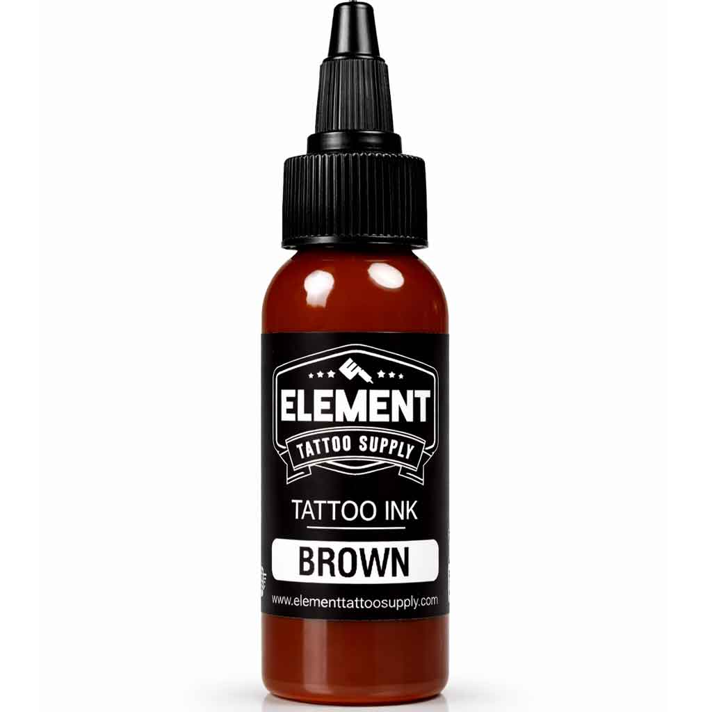 element tattoo supply brown tattoo ink, brown tattoo ink 1 oz bottle, professional tattoo ink for color packing and blending, tattoo ink bottle product photo
