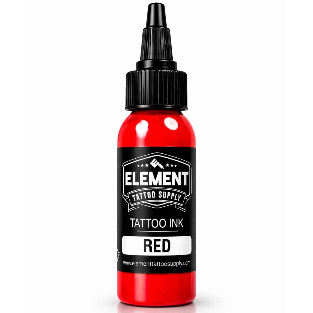 element tattoo supply red tattoo ink, red tattoo ink 1 oz bottle, professional tattoo ink, bright red tattoo pigment, tattoo ink bottle product photo