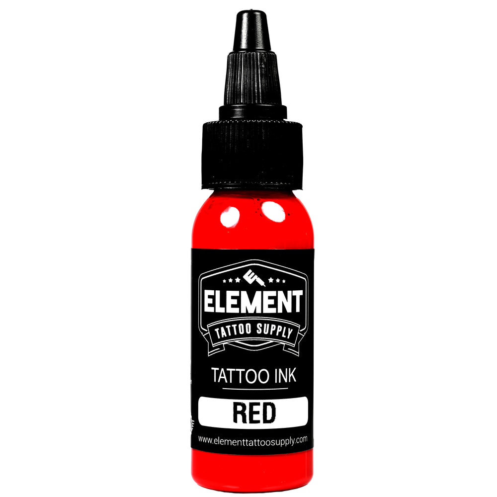 Element Tattoo Supply red tattoo ink bottle, professional red tattoo ink for color packing and bold tattoos, smooth flowing tattoo ink, vegan tattoo ink made in USA