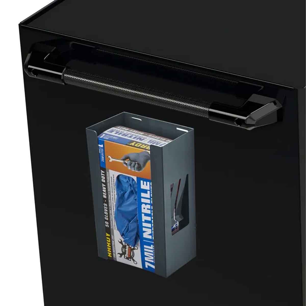 Black storage box with a smaller box of blue gloves inside on a black background