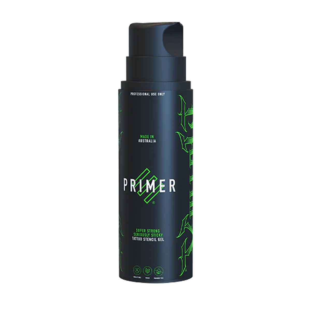 Black and green canister labeled 'PRIMER' on a white background