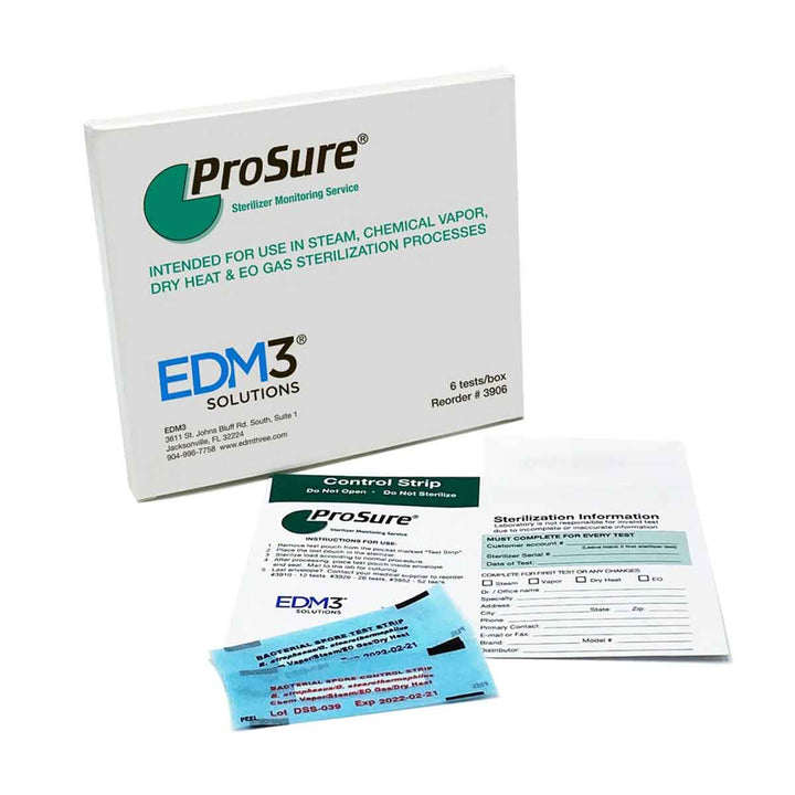 ProSure sterilizer monitoring service packaging with test strips and control strip on a white background