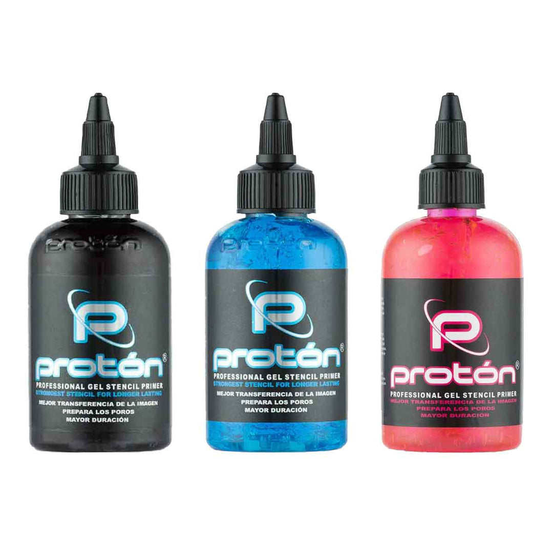 Three bottles of Proton gel stencil primer in black, blue, and red on a white background.