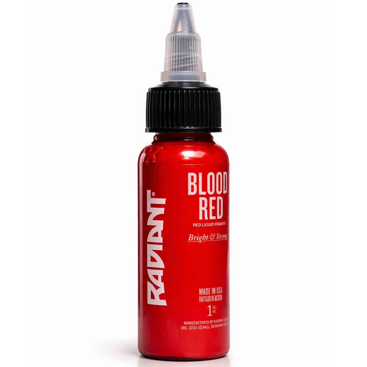 radiant colors blood red tattoo ink bottle, professional red tattoo ink, bright red tattoo pigment, 1oz tattoo ink bottle, color packing tattoo ink, vibrant red tattoo color, made in usa tattoo ink