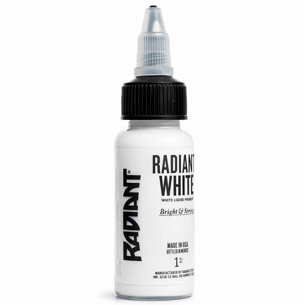 Radiant Colors radiant white tattoo ink 1oz bottle, bright white tattoo ink, professional tattoo pigment, smooth application, white ink for highlights and color mixing, made in USA