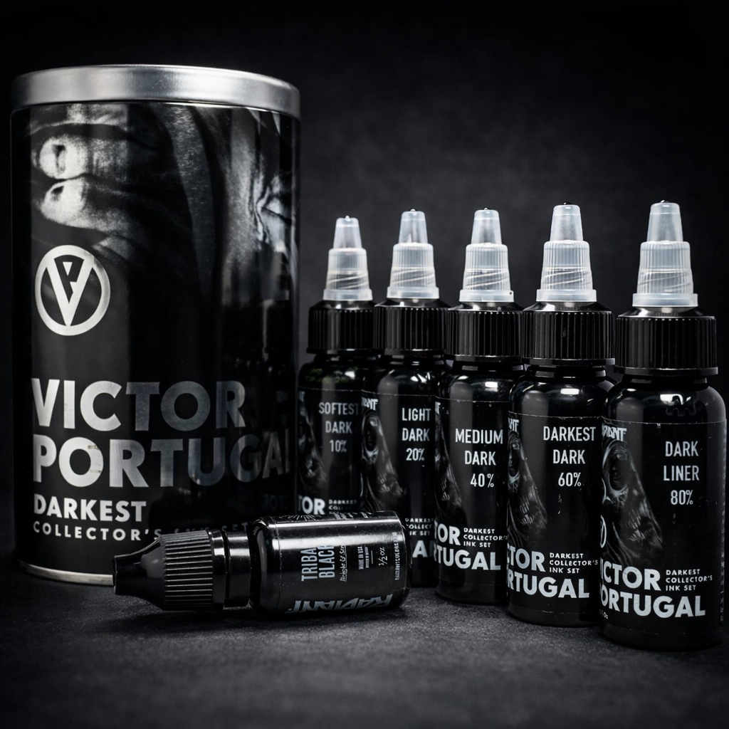 radiant colors victor portugal darkest collector tattoo ink set, black and gray tattoo ink set, professional shading and lining tattoo ink, darkest dark tattoo ink collection, realism tattoo ink set for black and gray tattoos