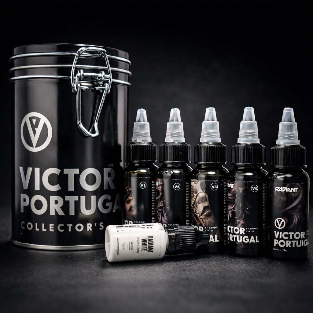 radiant colors victor portugal tattoo ink collection set, black and gray tattoo ink set, professional shading tattoo ink bottles, victor portugal signature tattoo ink set with radiant white ink, realism tattoo ink collection