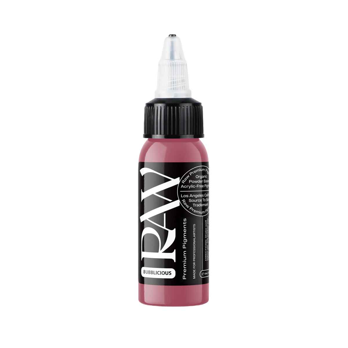 Bottle of RAW tattoo ink with a black cap on a light gray background
