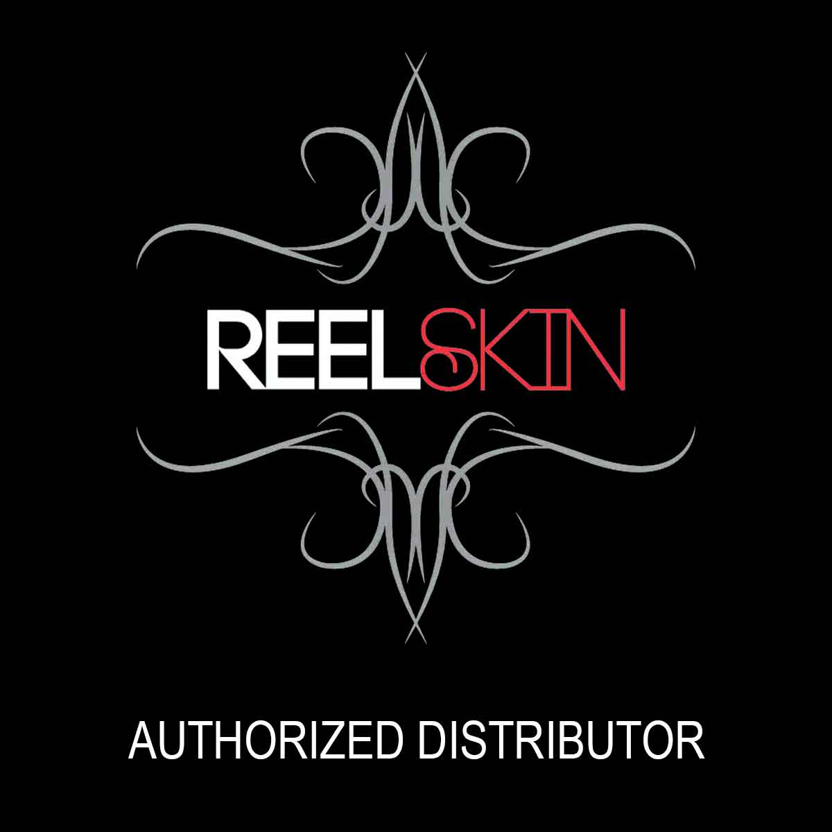 Reel Skin logo with authorized distributor text on a black background