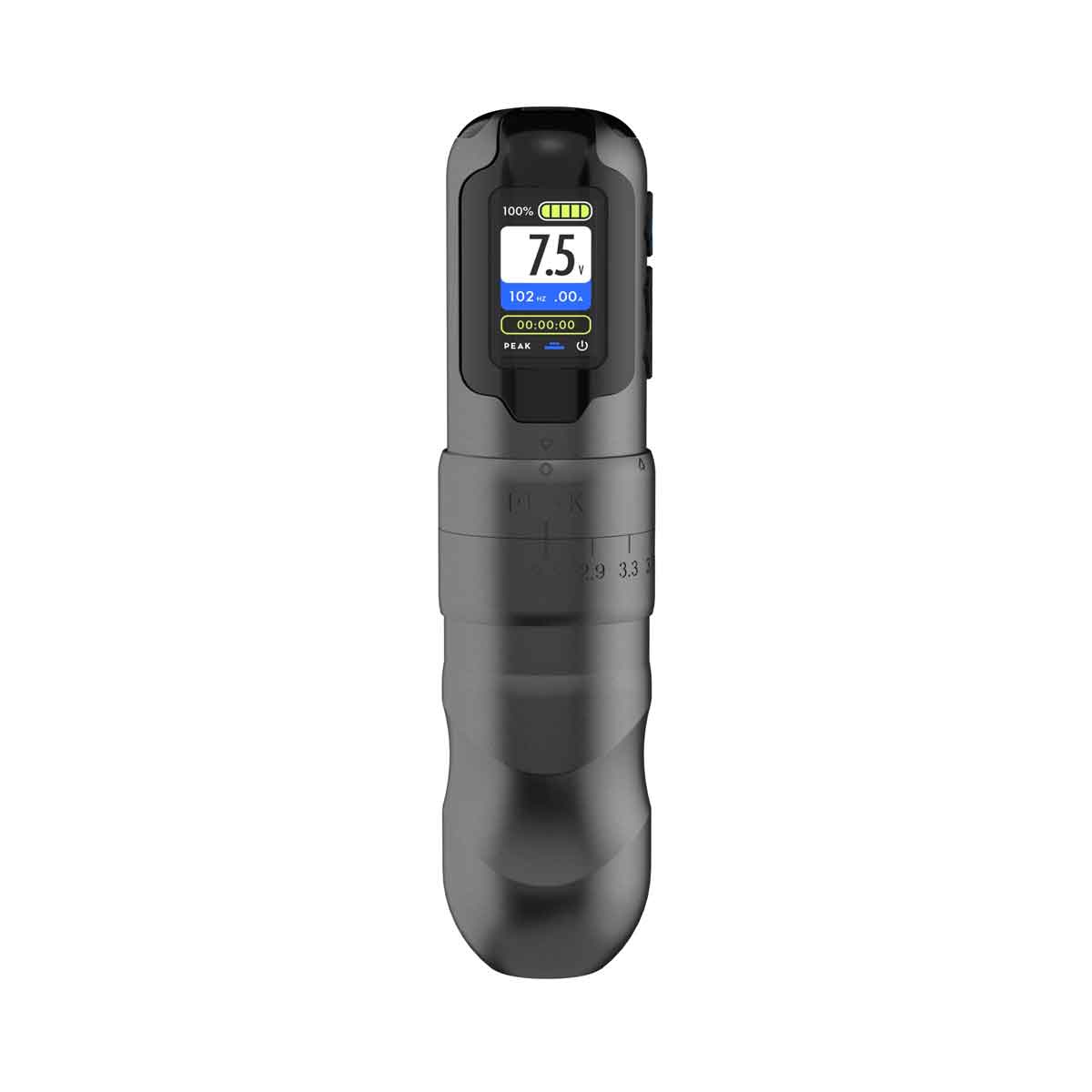 Black electronic device with digital display on a white background